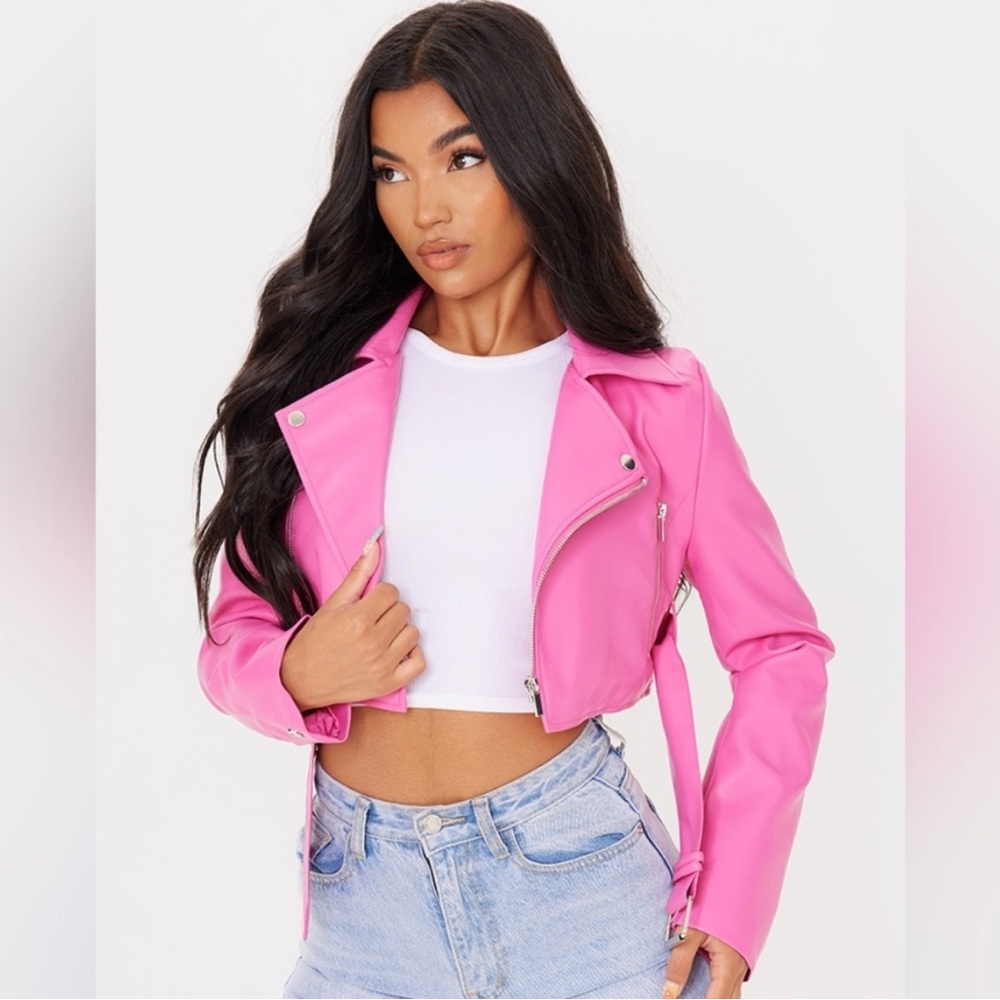 PrettyLittleThing Women's Cropped Pink Faux Leather Jacket